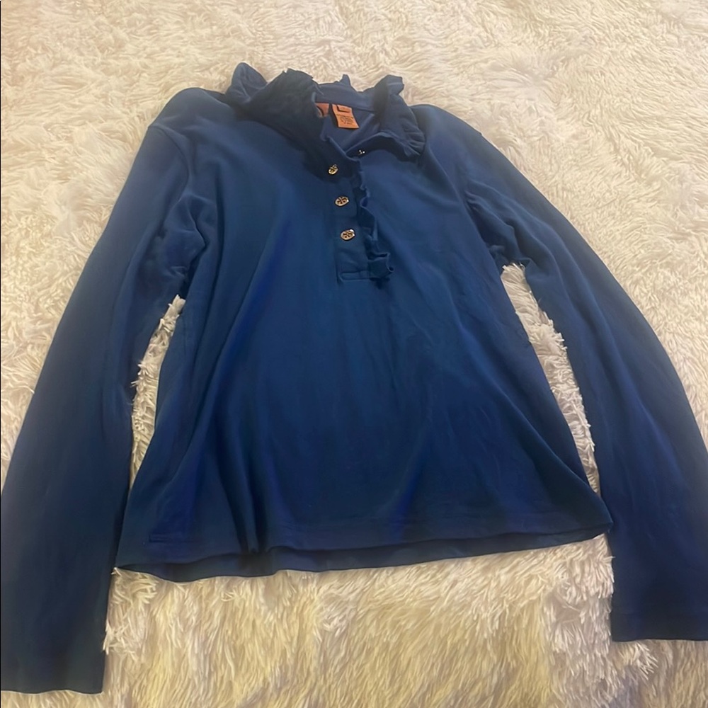 Ruffled Collar Blue Long Sleeve Top